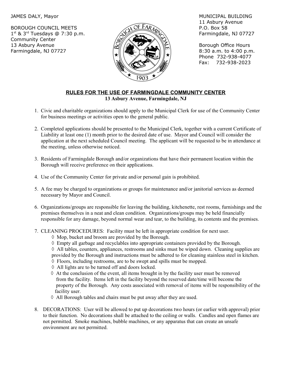 Rules for the Use of Farmingdalecommunity Center