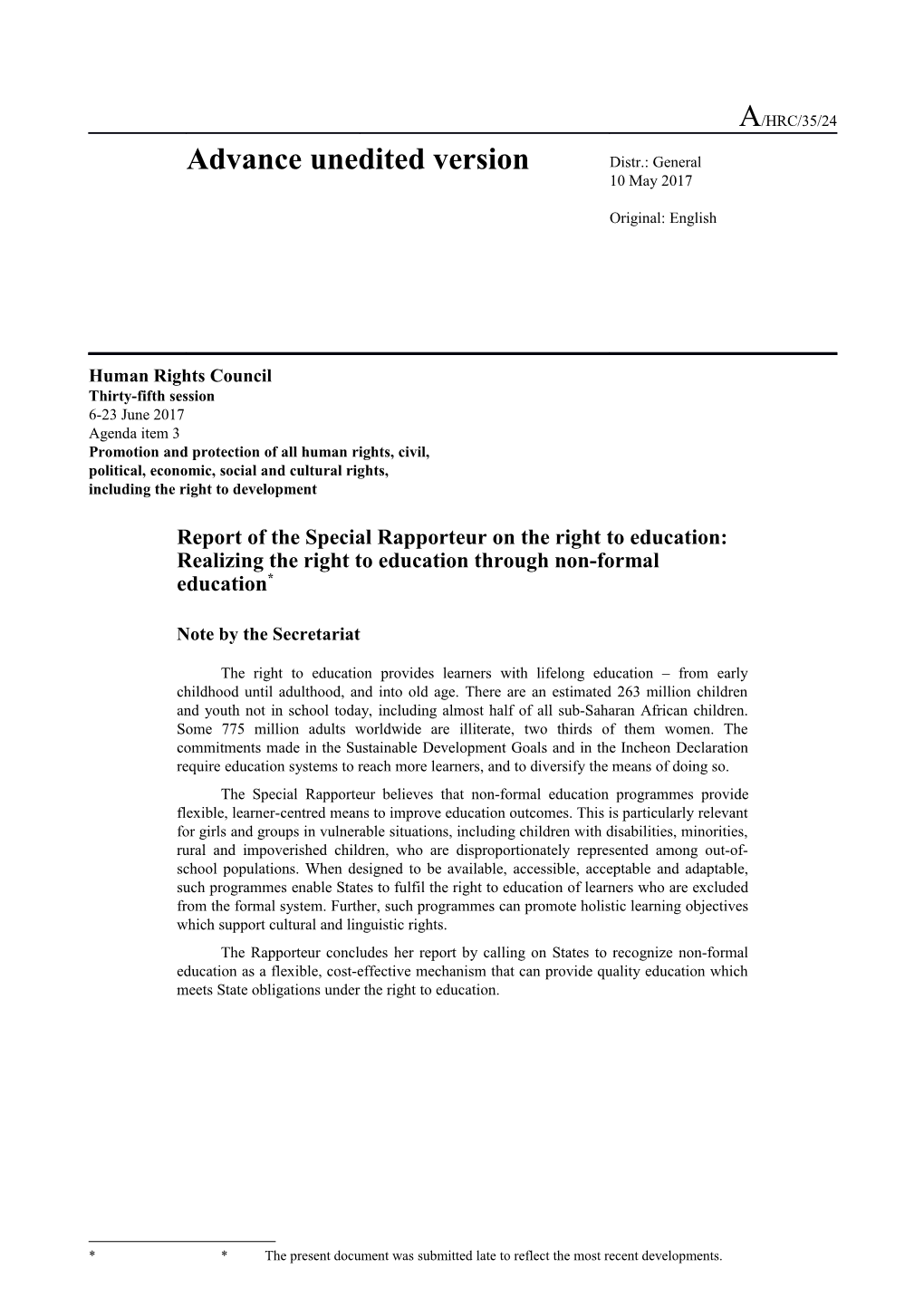 Report of the Special Rapporteur on the Right to Education in English