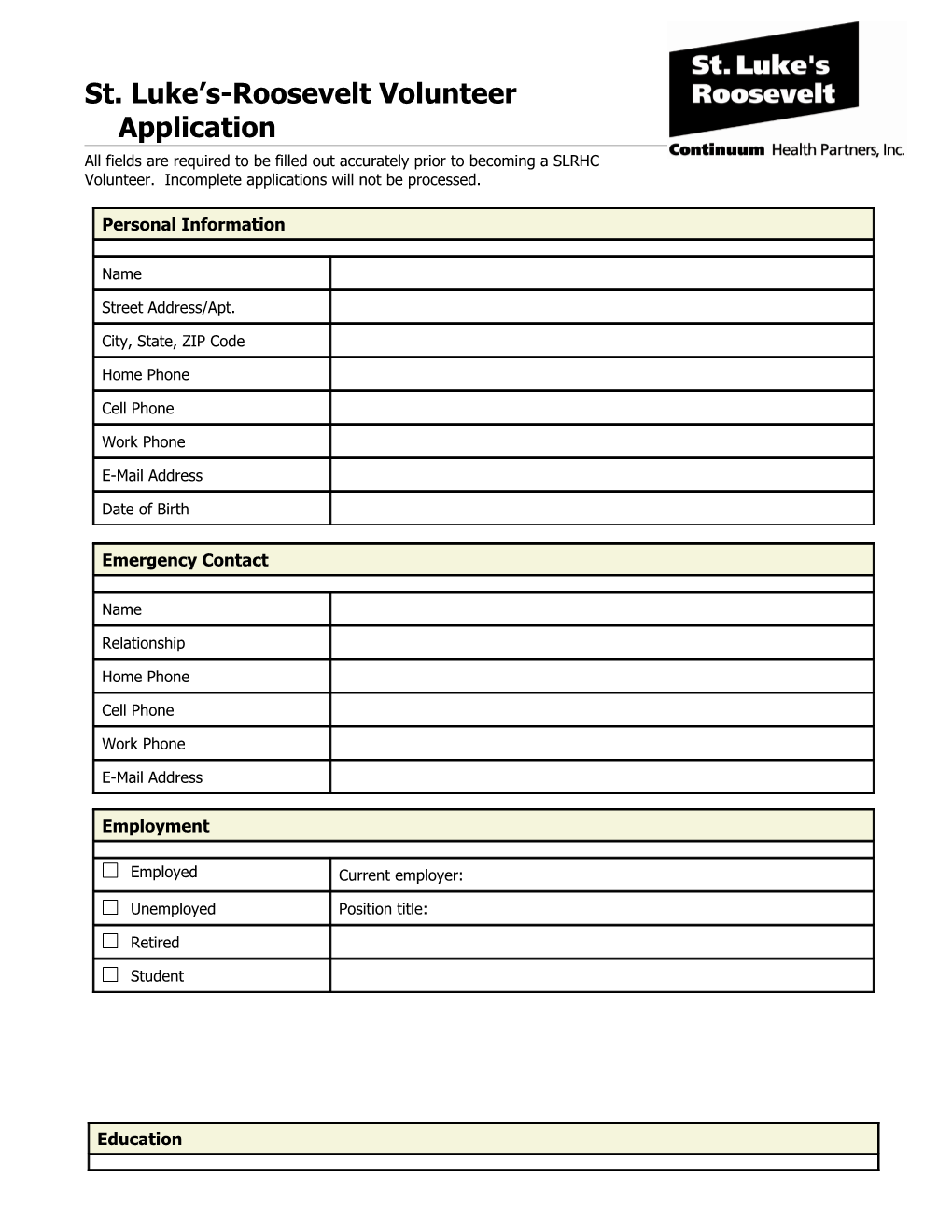 St. Luke S-Roosevelt Volunteer Application