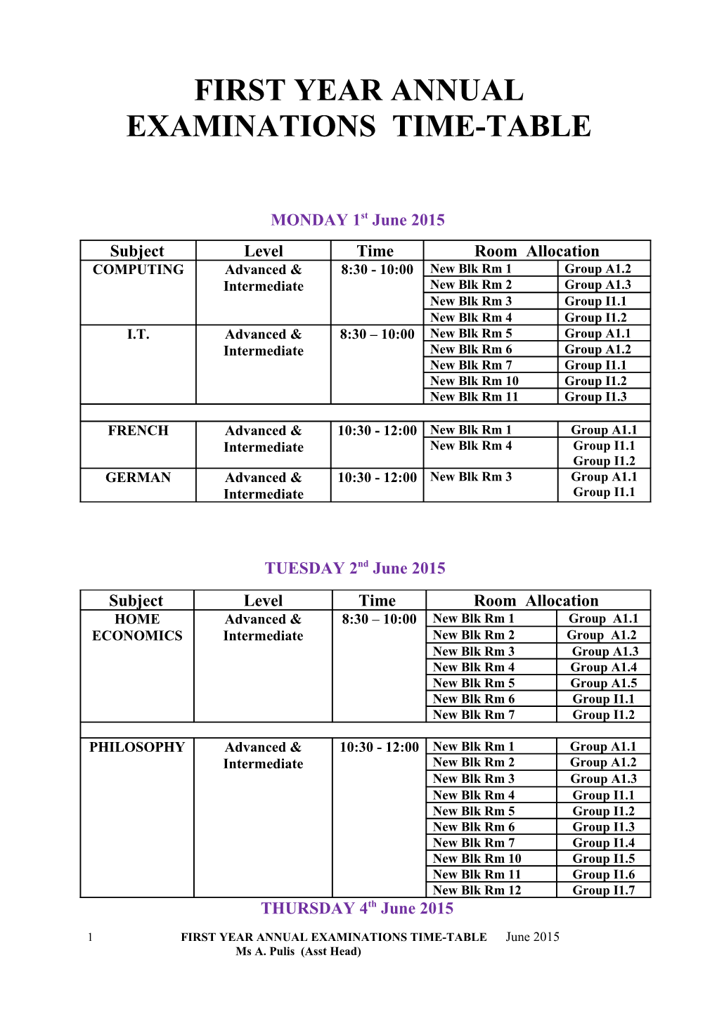 First Year Annual Examinations Time-Table