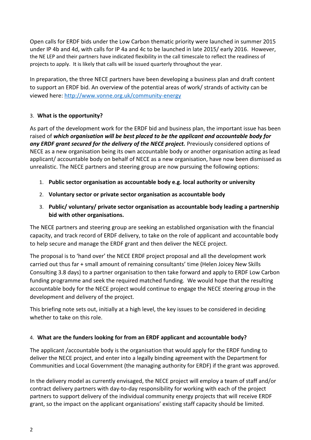 Briefing Note Re. North East Community Energy Accountable Body
