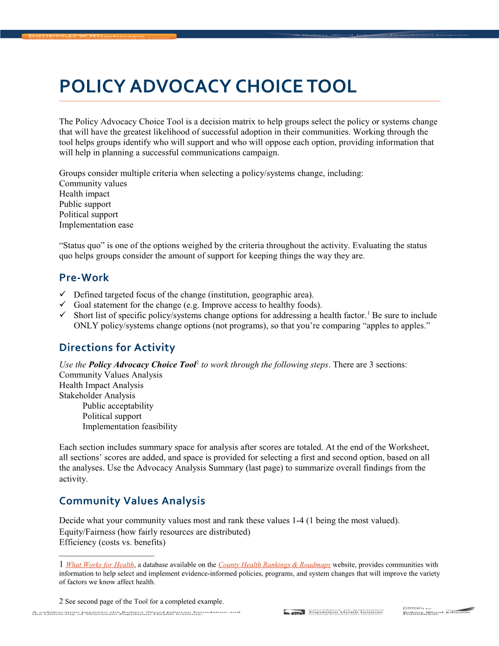 Policy Advocacy Choice Tool