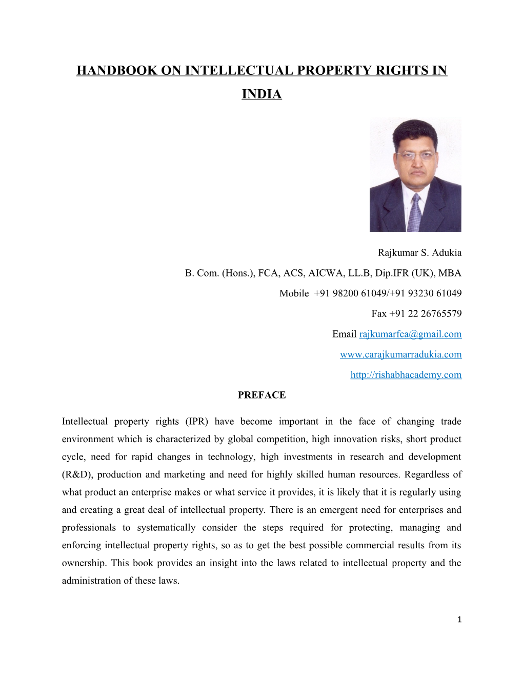 Handbook on Intellectual Property Rights in India