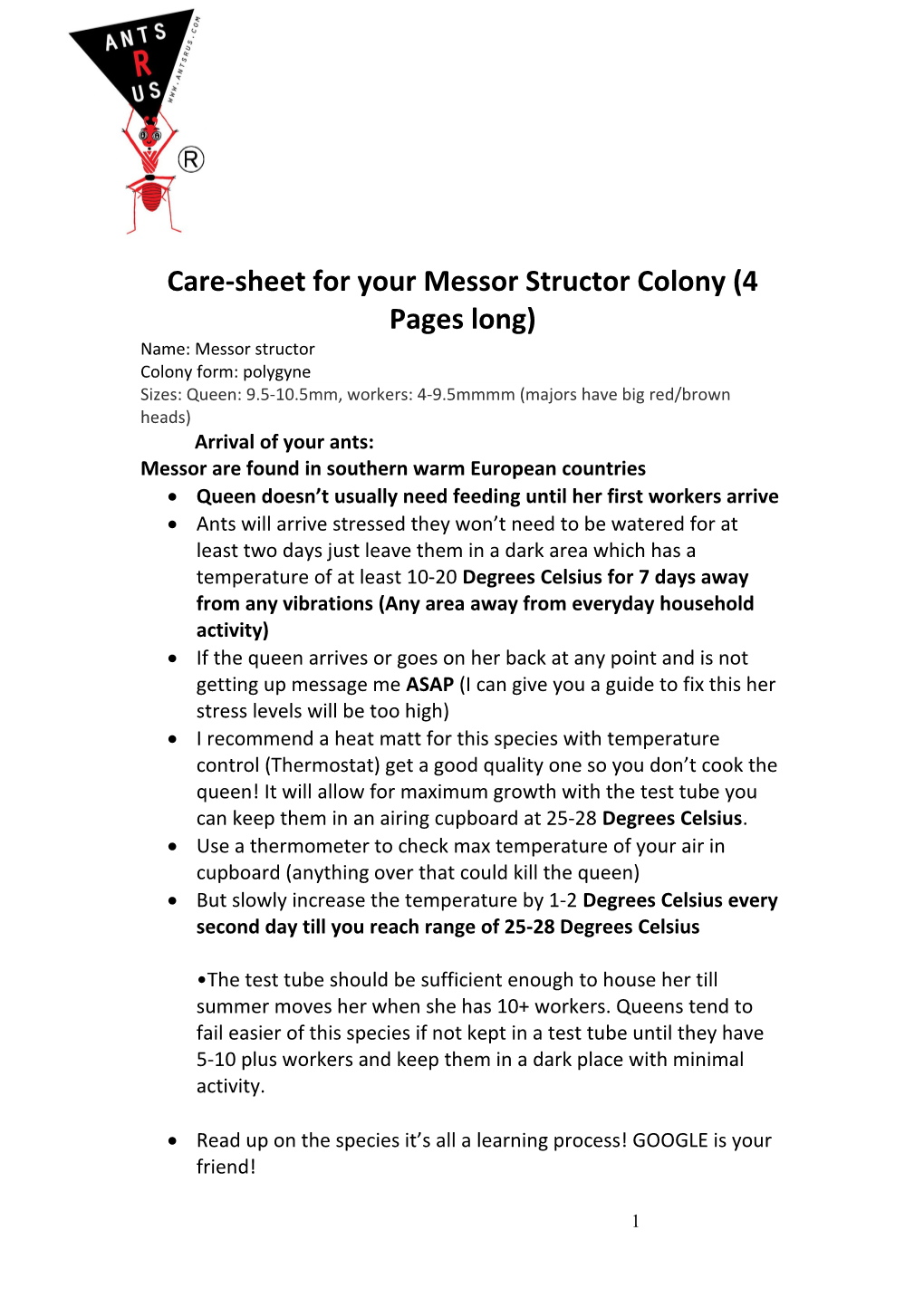 Care-Sheet for Your Messor Structor Colony (4 Pages Long)