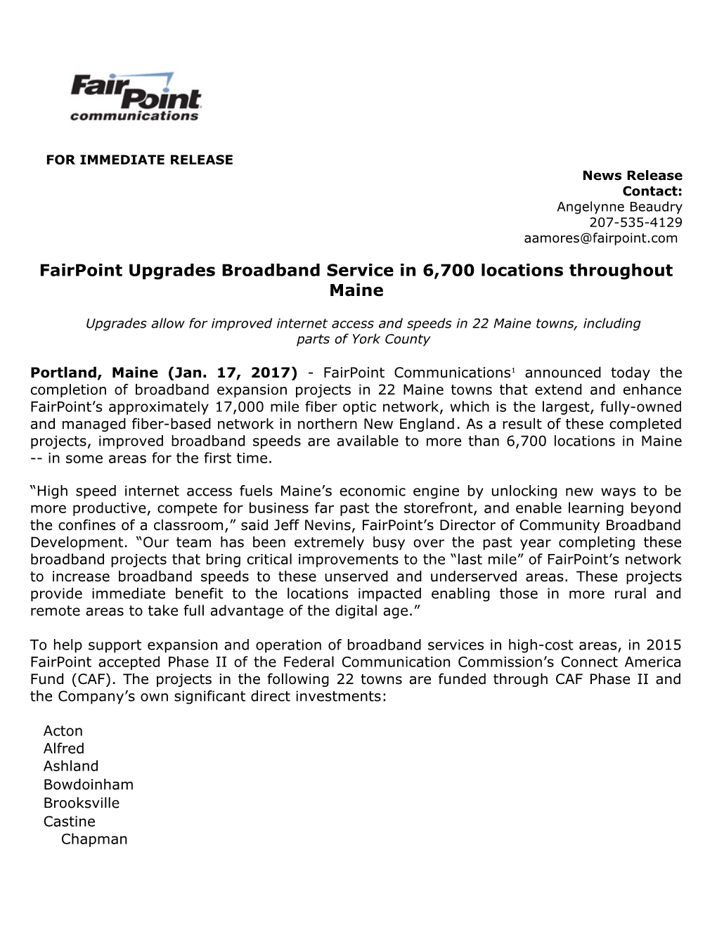 Fairpoint Upgrades Broadband Service in 6,700 Locations Throughout Maine