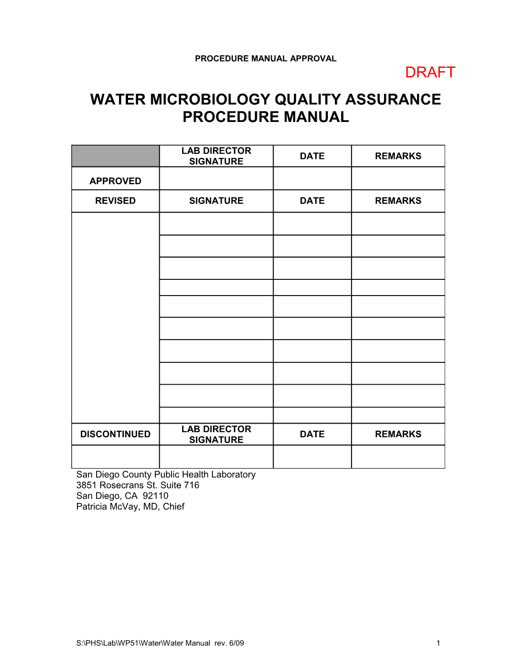 Water Microbiology Quality Assurance Procedure Manual