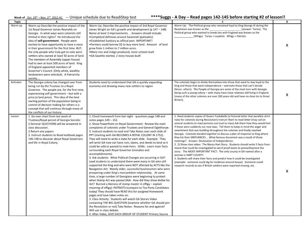 Week of Oct. 29Th Nov. 2Nd, 2012 AC Unique Schedule Due to Readistep Test Suggs - a Day