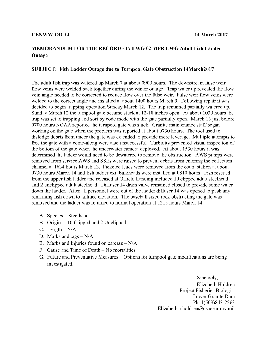 MEMORANDUM for the RECORD - 17 LWG02 MFR LWG Adult Fish Ladder Outage