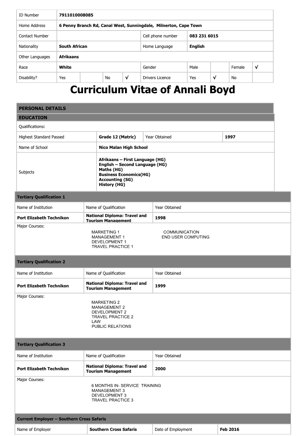 Curriculum Vitae of Annali Boyd