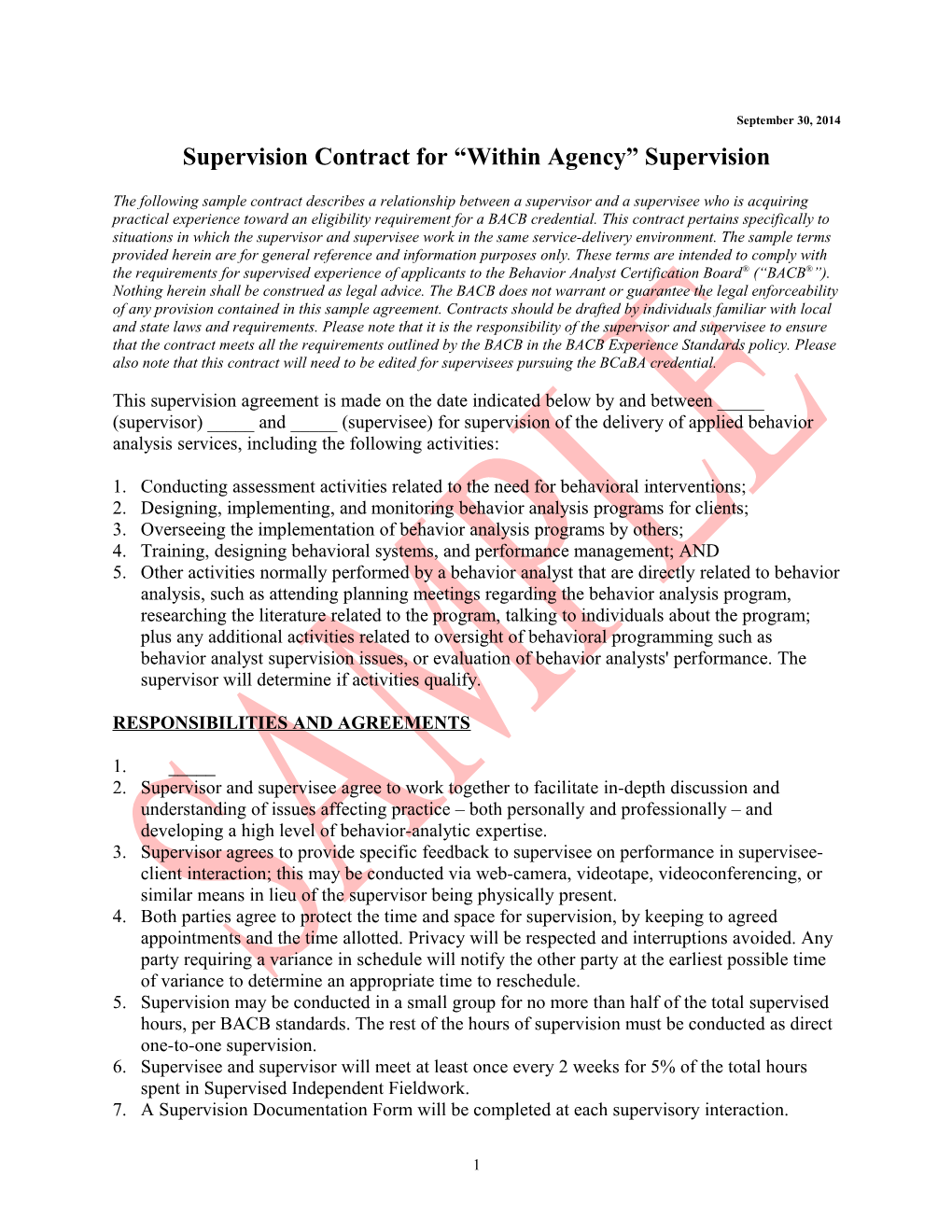 Supervision Contract for Within Agency Supervision