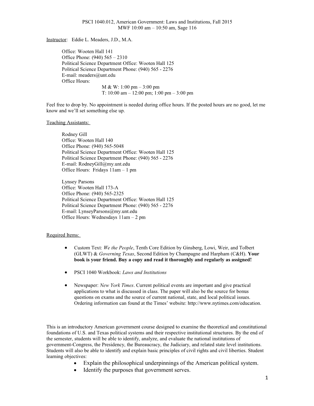 PSCI 1040.012, American Government: Laws and Institutions, Fall 2015