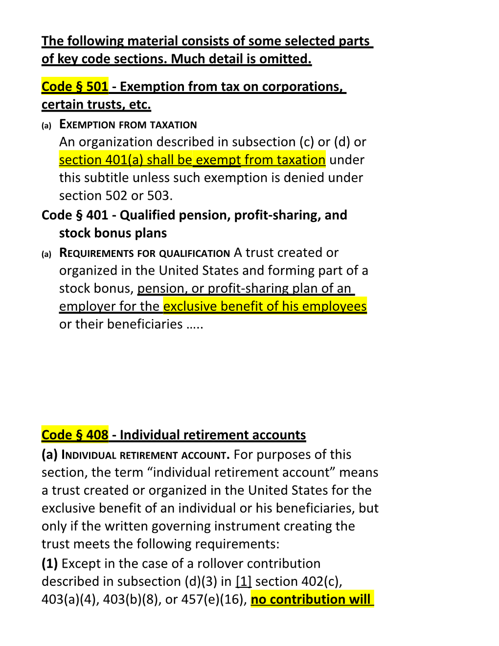 Code 501 - Exemption from Tax on Corporations, Certain Trusts, Etc