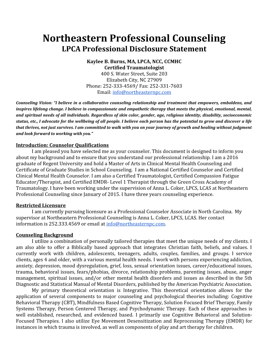 LPCA Professional Disclosure Statement