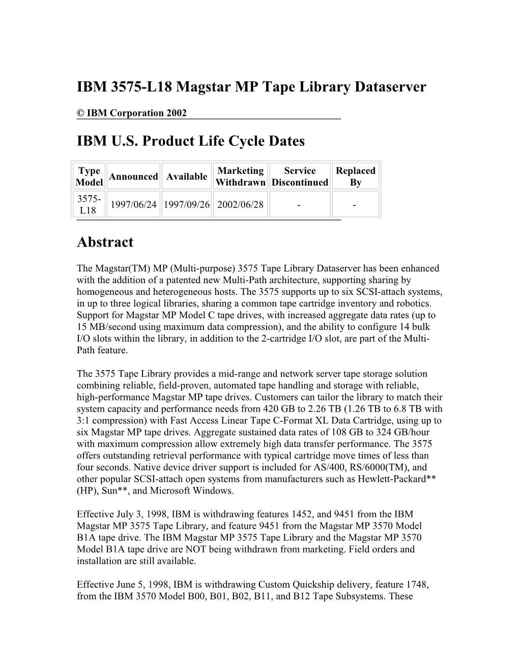 IBM 3575-L18 Magstar MP Tape Library Dataserver