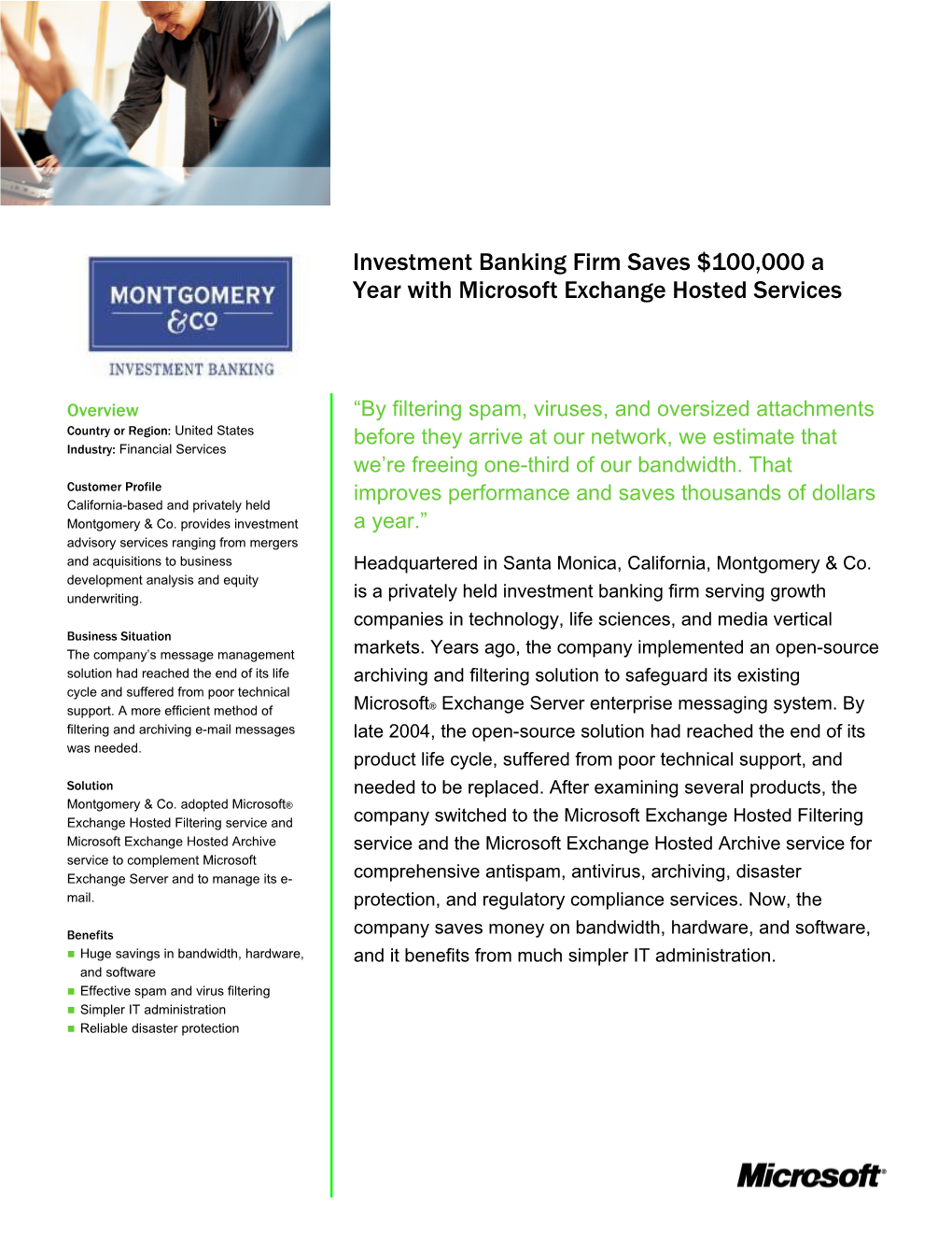 Investment Banking Firm Saves $100,000 a Year with Microsoft Exchange Hosted Services