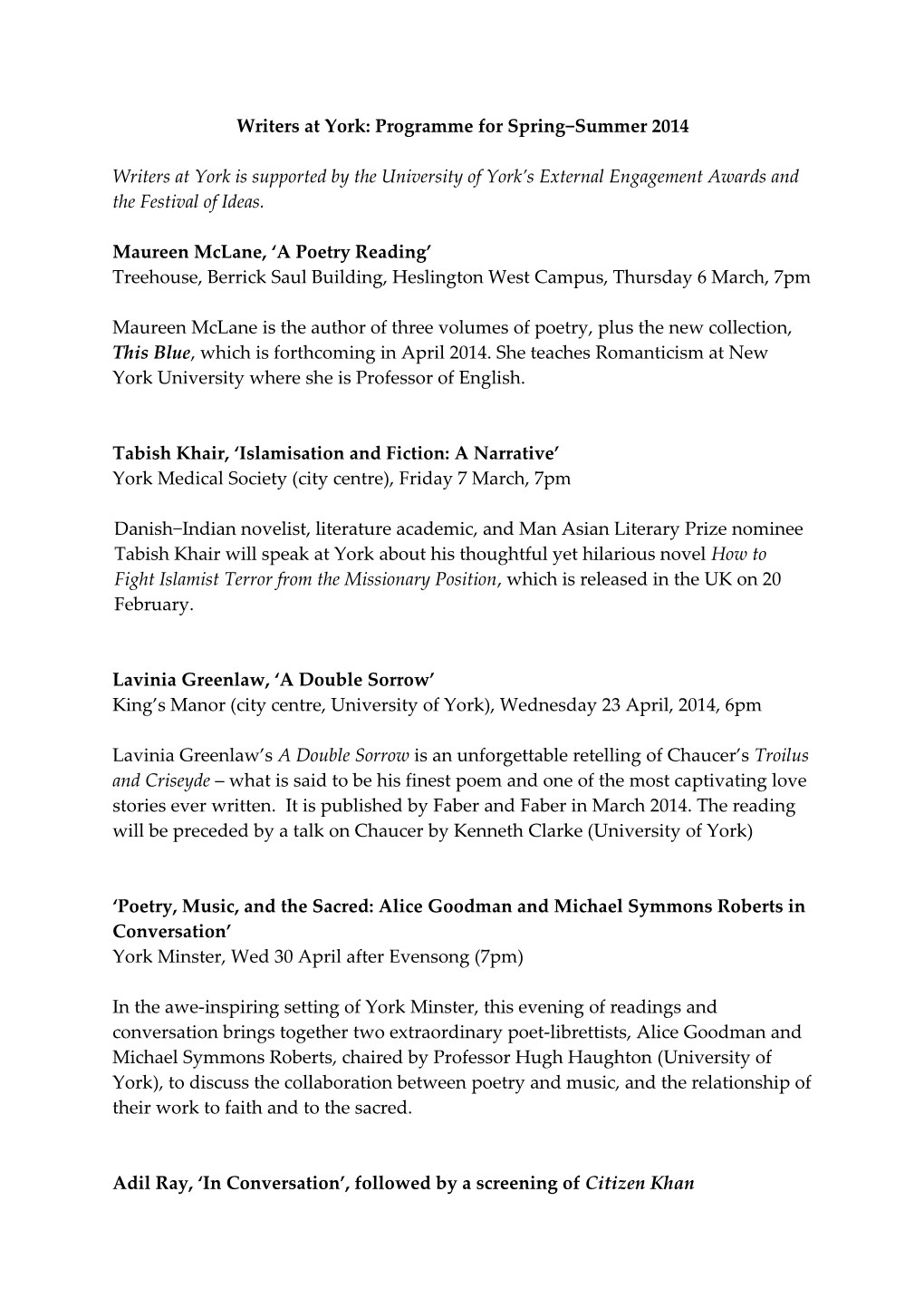 Writers at York: Programme for Spring Summer 2014