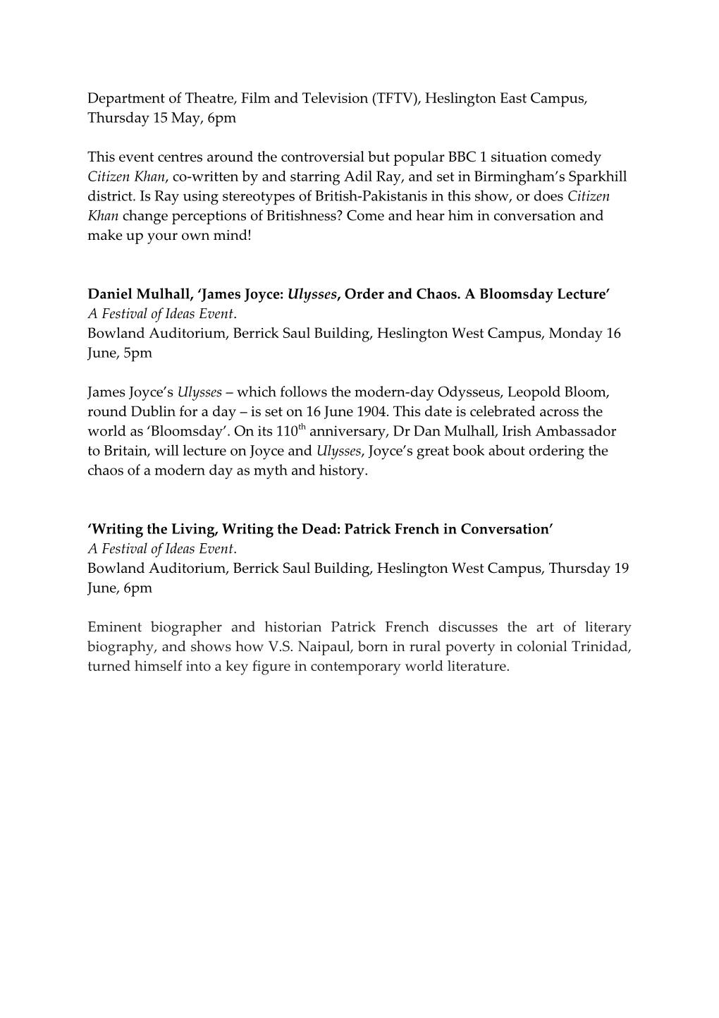 Writers at York: Programme for Spring Summer 2014