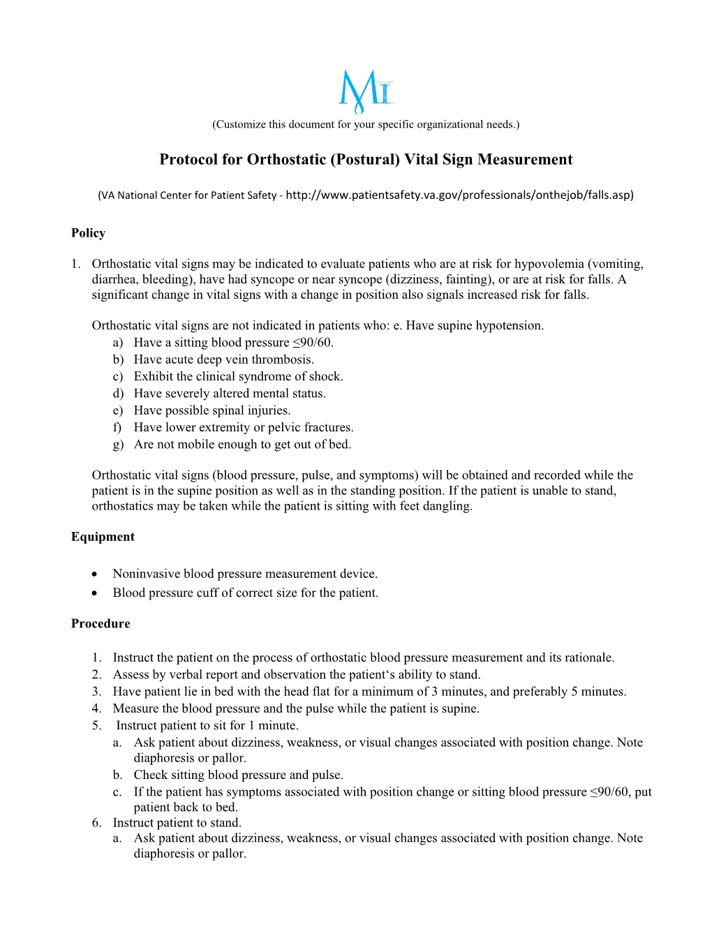 Protocol for Orthostatic (Postural) Vital Sign Measurement