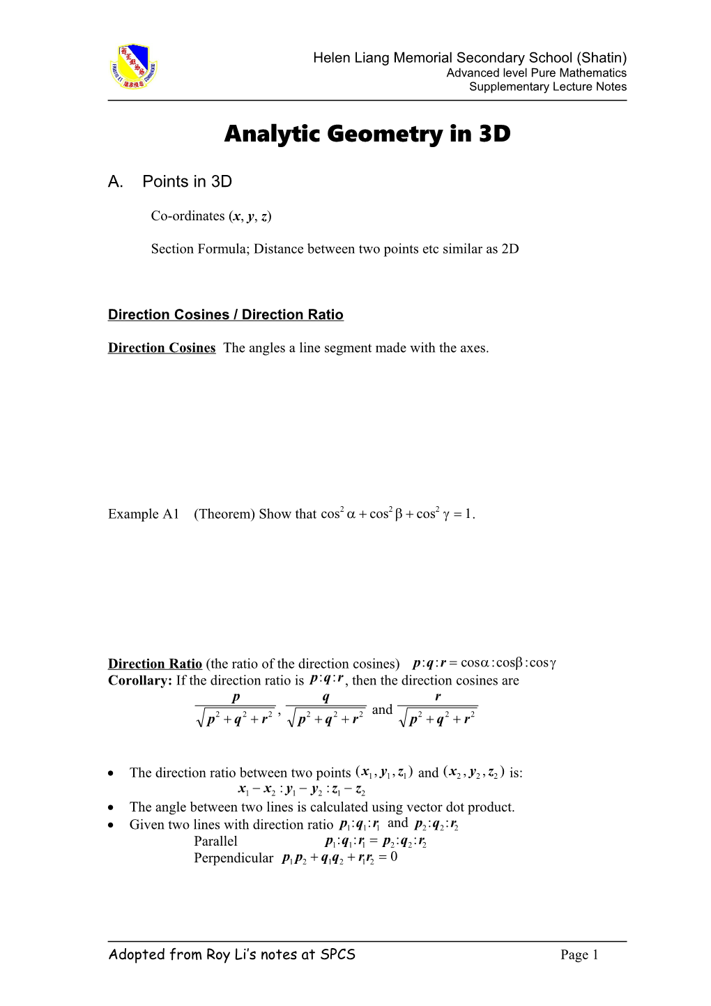 Analytic Geometry in 3D