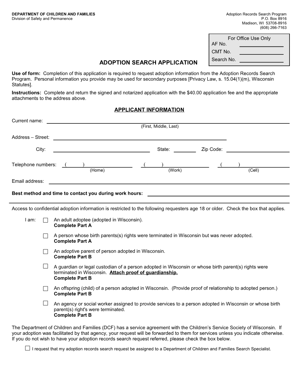 Adoption Search Application, DCF-F (CFS-0144)