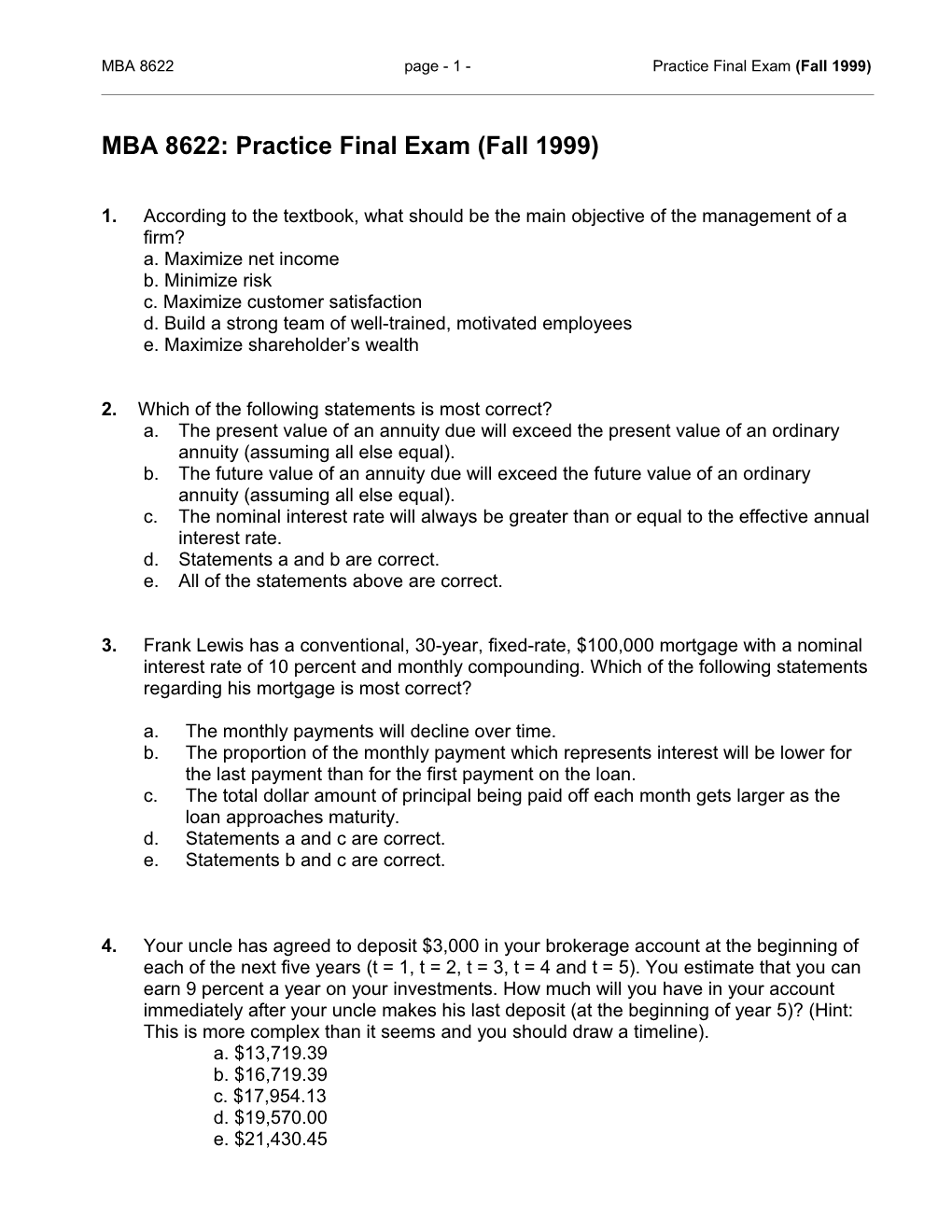 Practice Final Exam Fall 1999