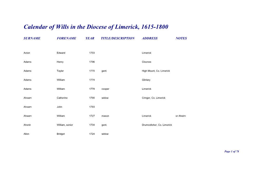 Calendar of Wills in the Diocese of Limerick, 1615-1800