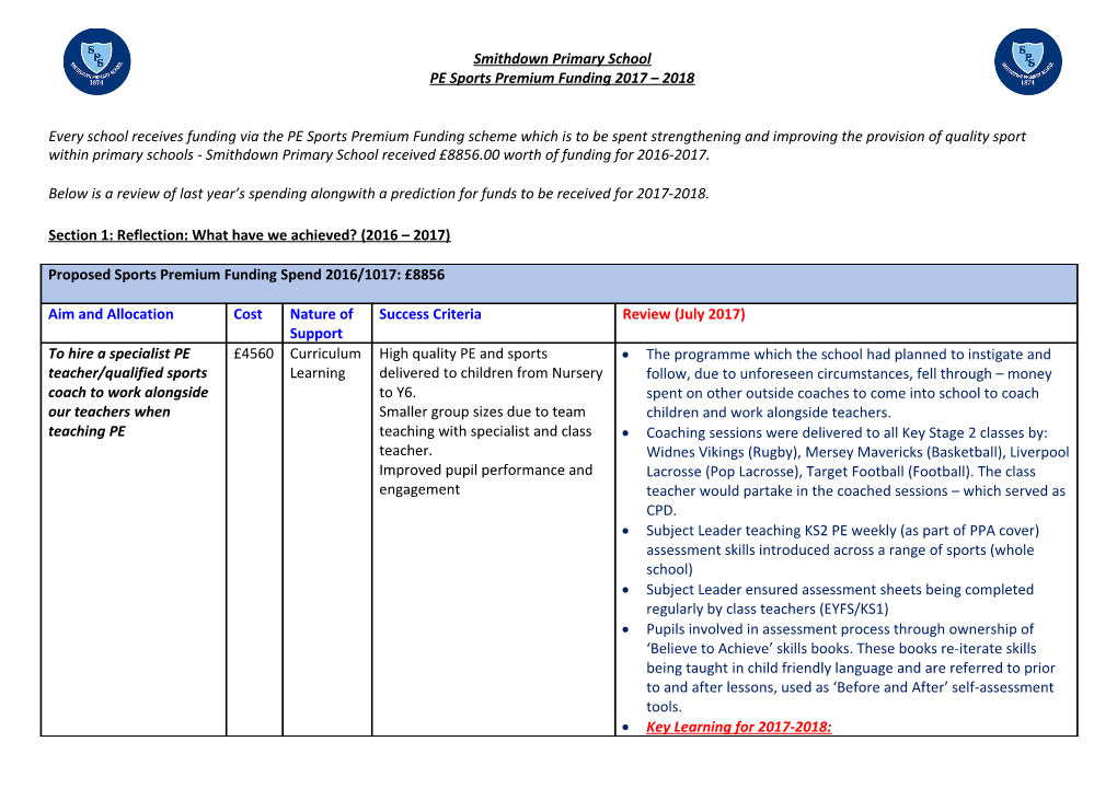 PE Sports Premium Funding 2017 2018