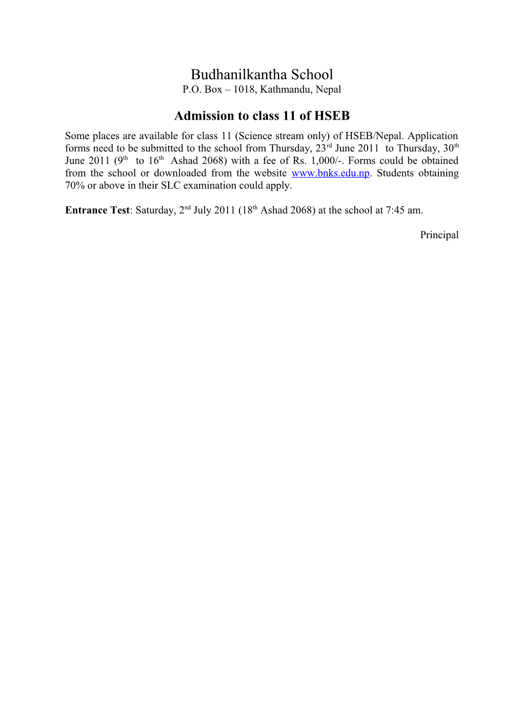 Admission to Class 11 of HSEB