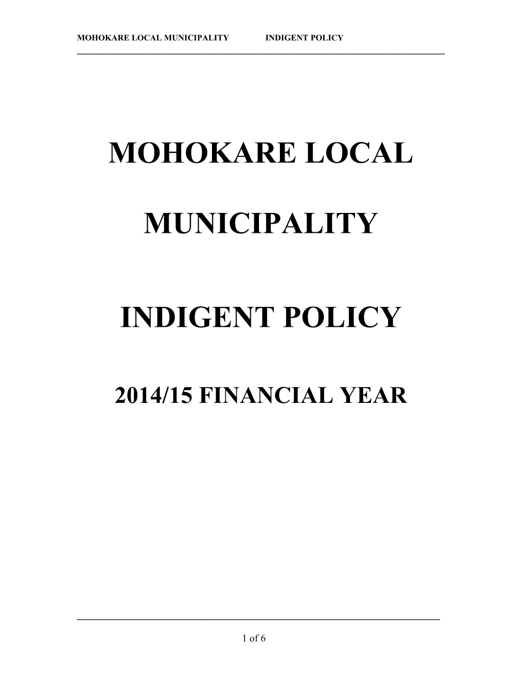 Mohokare Local Municipality Indigent Policy