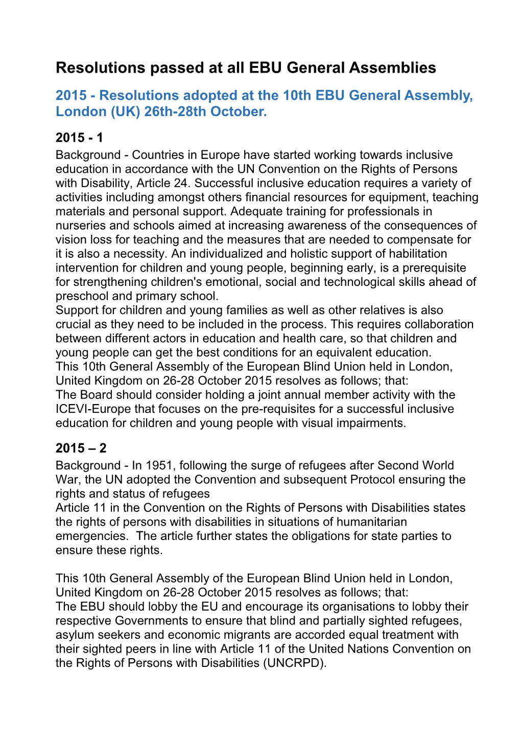 Resolutions Passed at All EBU General Assemblies