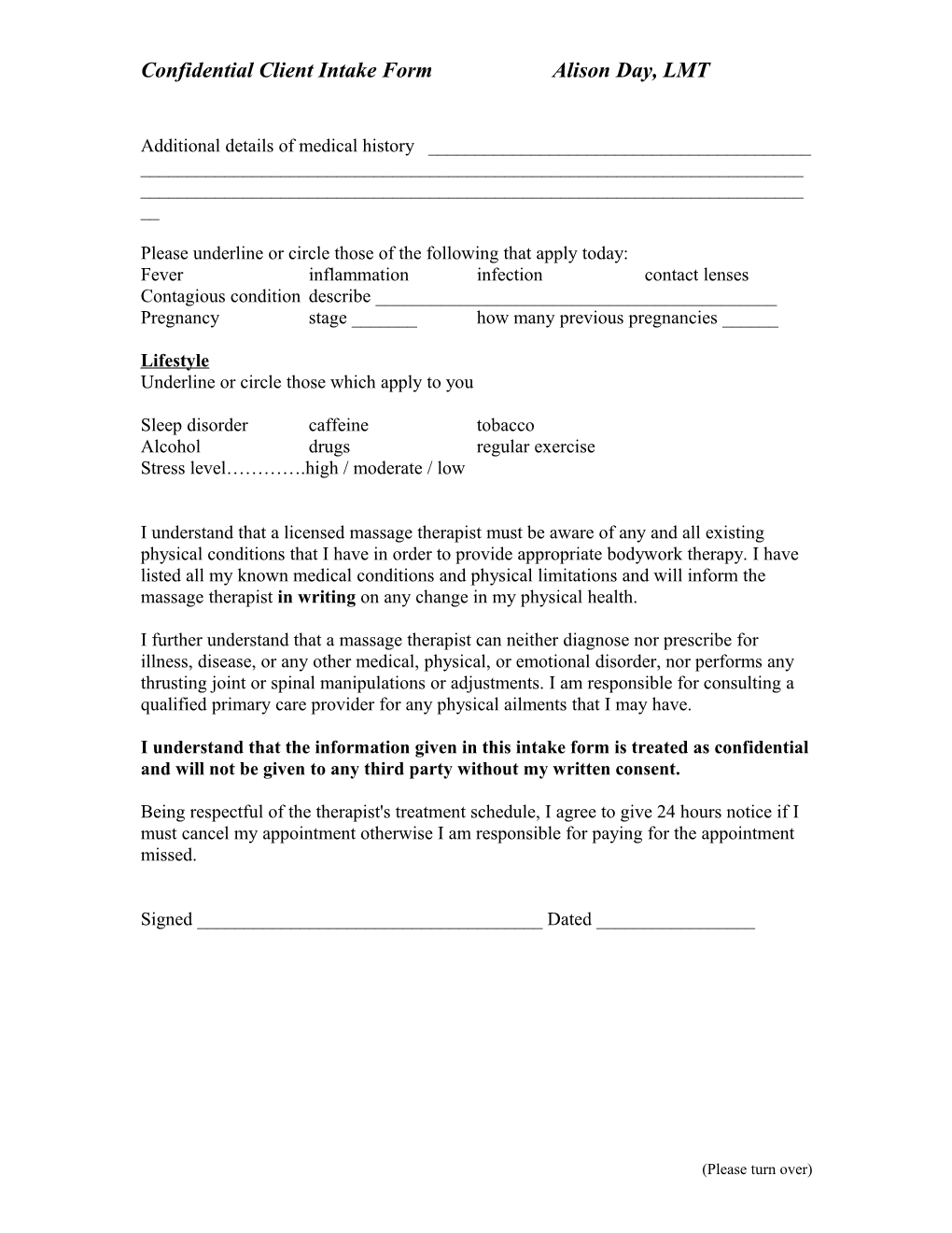 Confidential Client Intake Form Alison Day, LMT