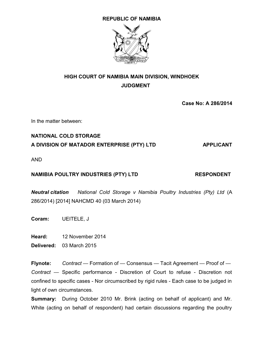 National Cold Storage V Namibia Poultry Industries (Pty) Ltd (A 286-2014) 2014 NAHCMD 40