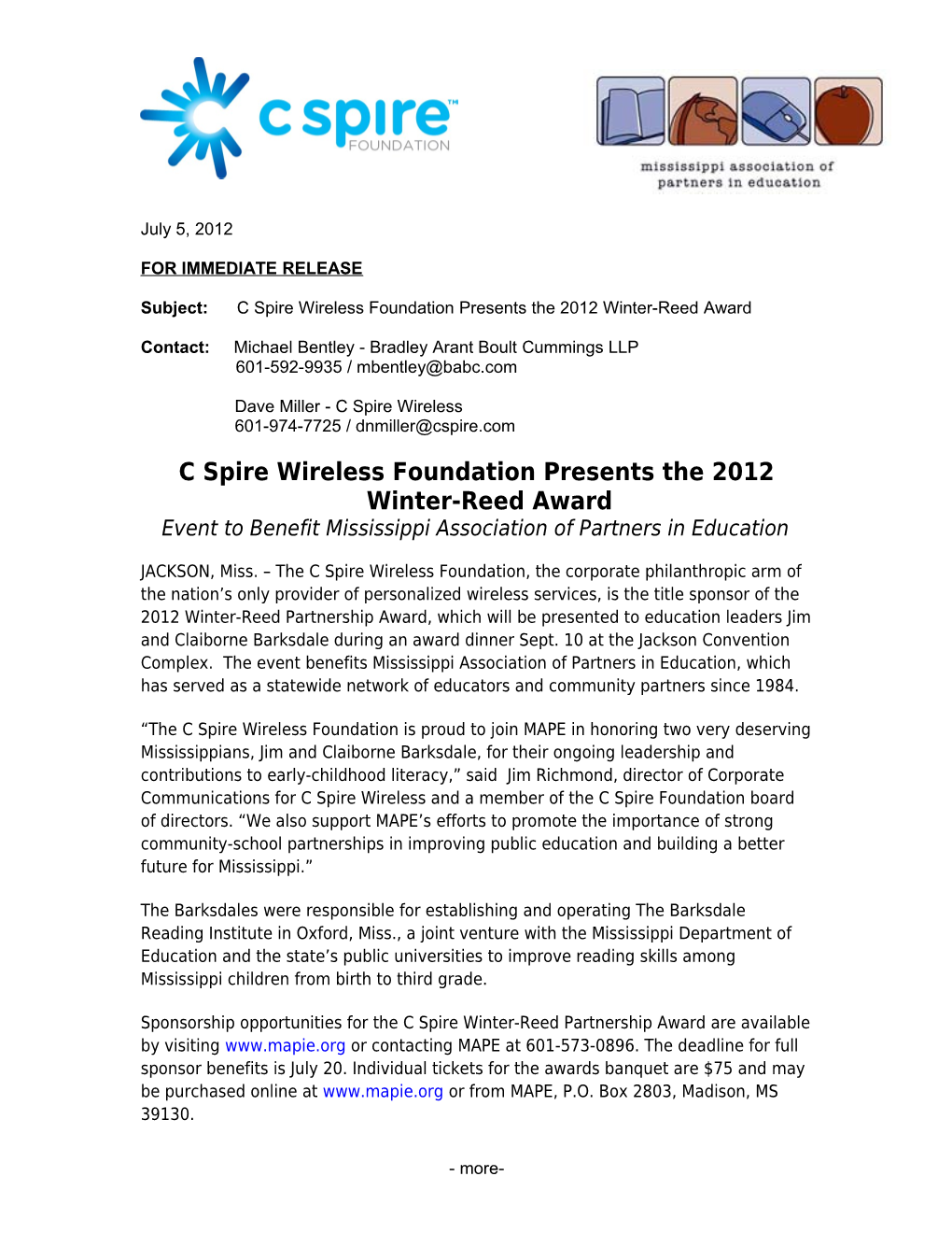 C Spire Wireless Presents the 2012 Winter-Reed Award News Release Page 2