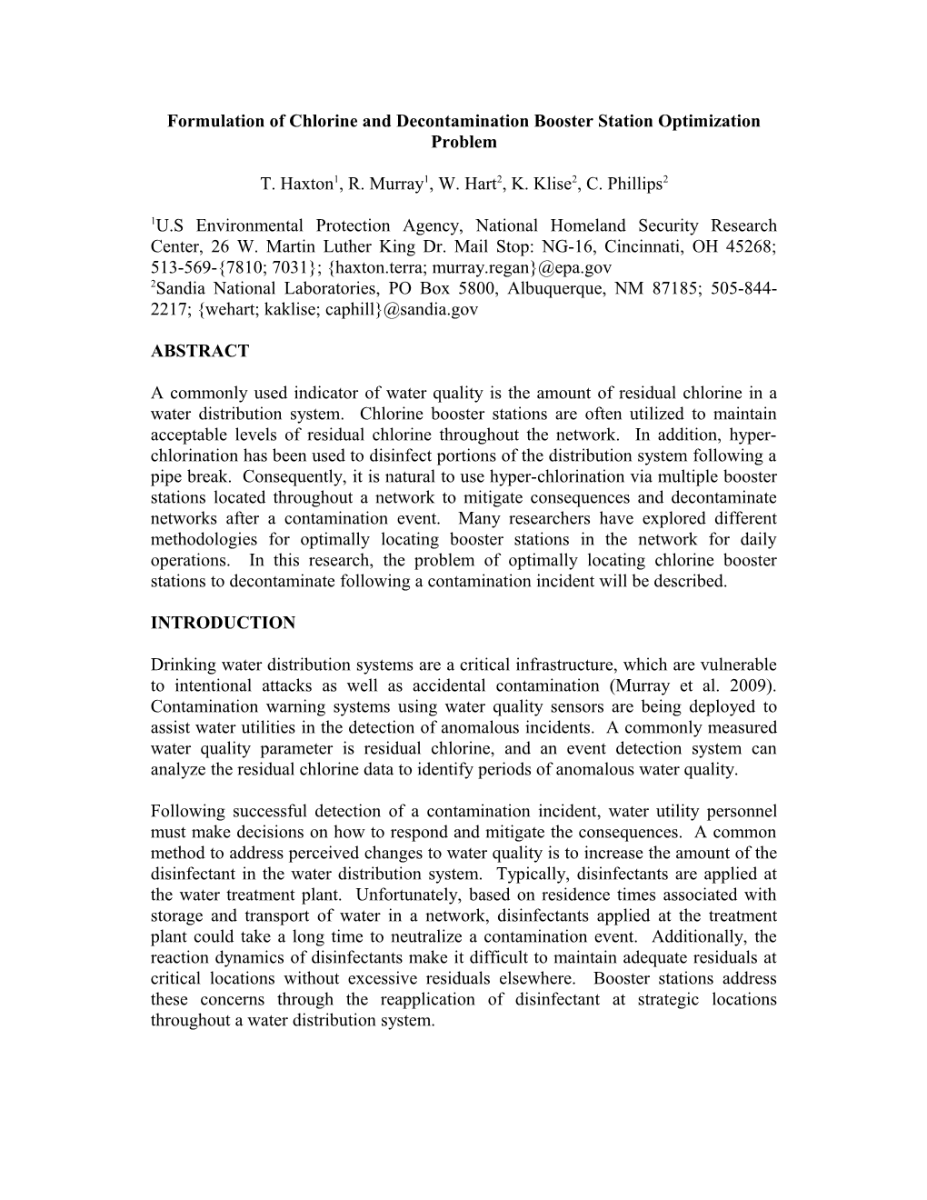 Formulation of Chlorine and Decontamination Booster Station Optimization Problem