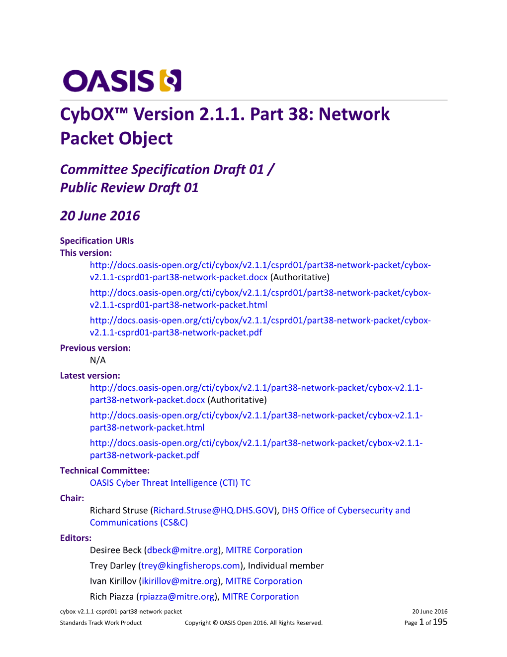 Cybox Version 2.1.1. Part 38: Network Packet Object