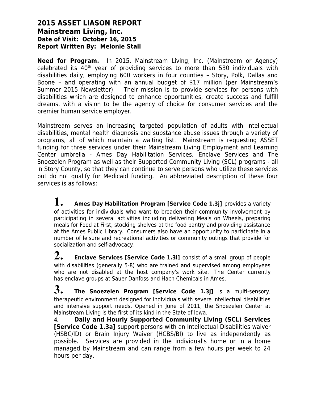 2015 Asset Liason Report