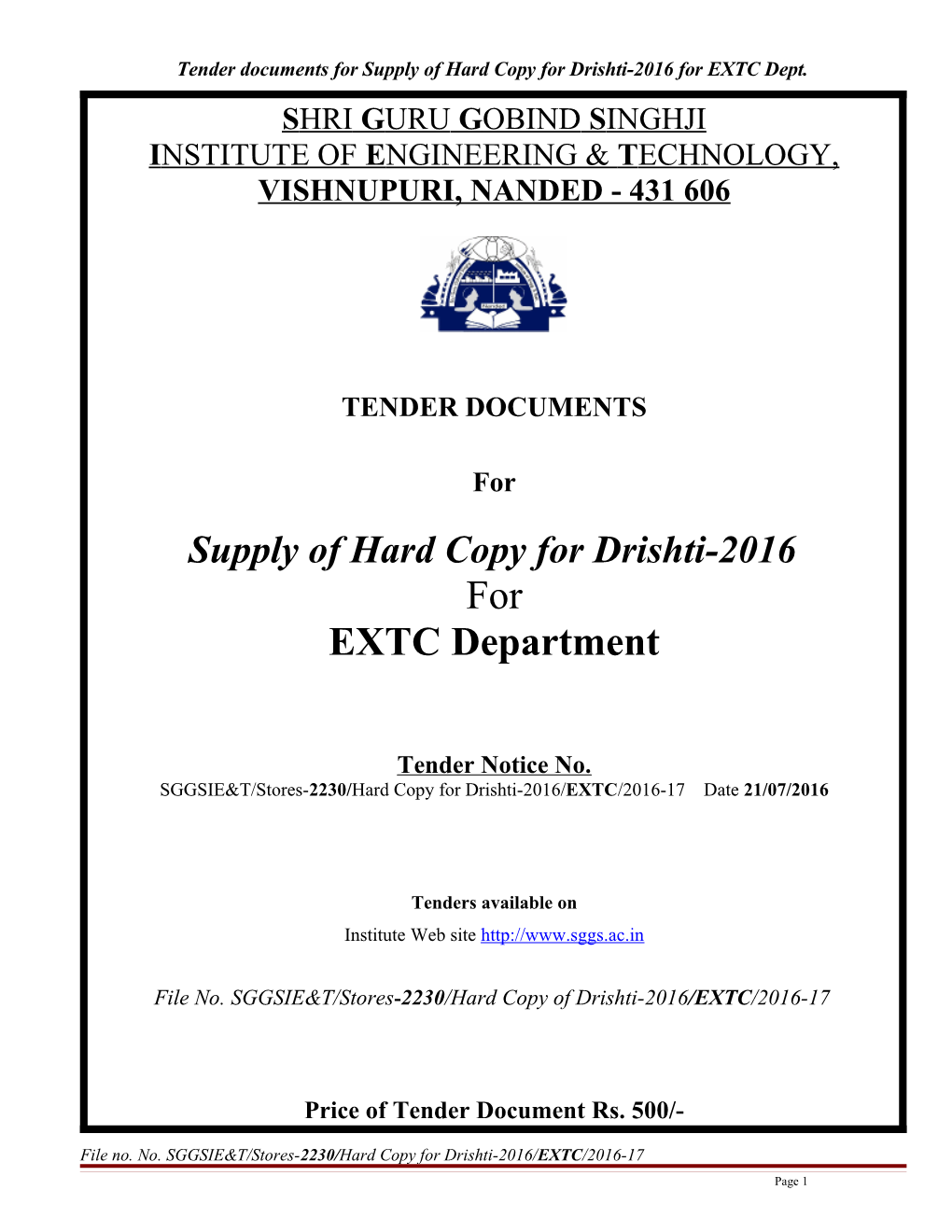 Tender Documents for Supply of Hard Copy for Drishti-2016For EXTC Dept