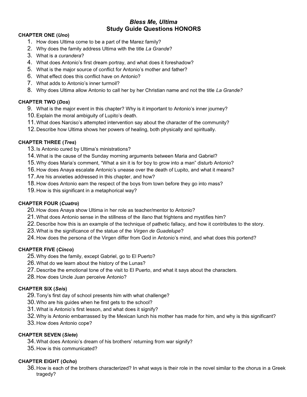 Study Guide Questions HONORS