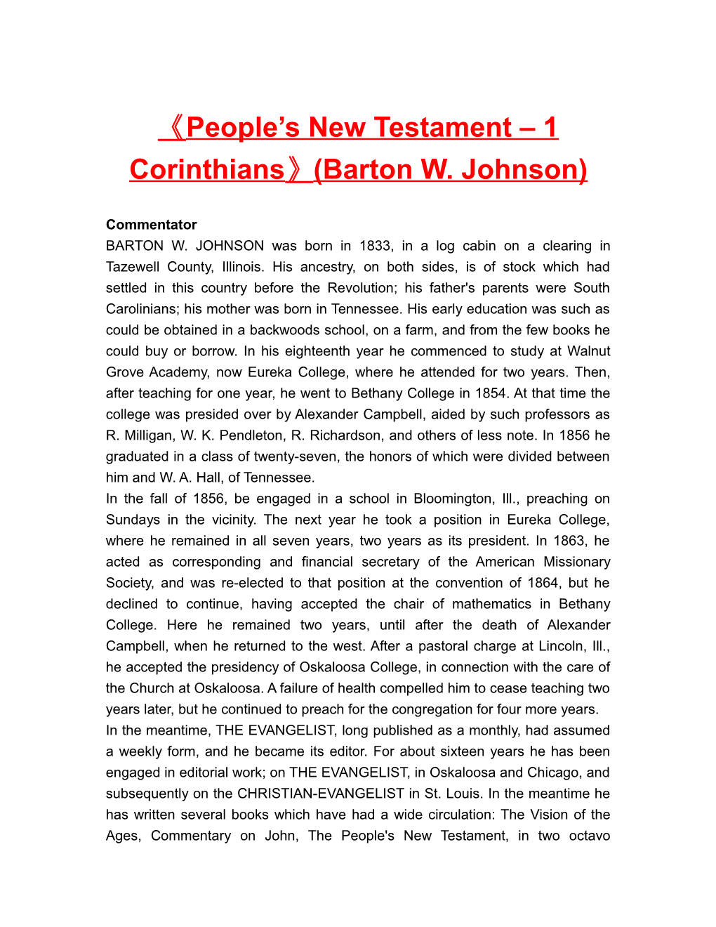 People S New Testament 1 Corinthians (Barton W. Johnson)