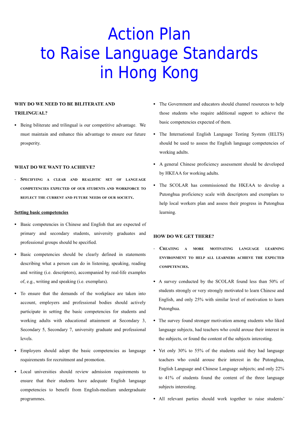 Action Plan to Raise Language Standards in Hong Kong