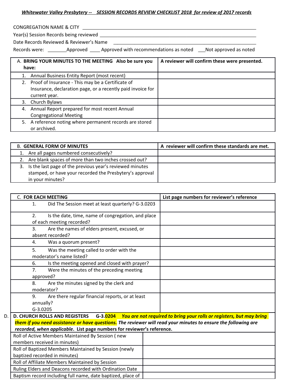 Whitewater Valley Presbytery SESSION RECORDS REVIEW CHECKLIST 2018 for Review of 2017 Records