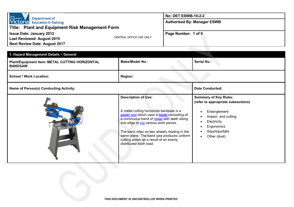 Plant and Equipment Risk Management Form - Metal Cutting Horizontal Bandsaw