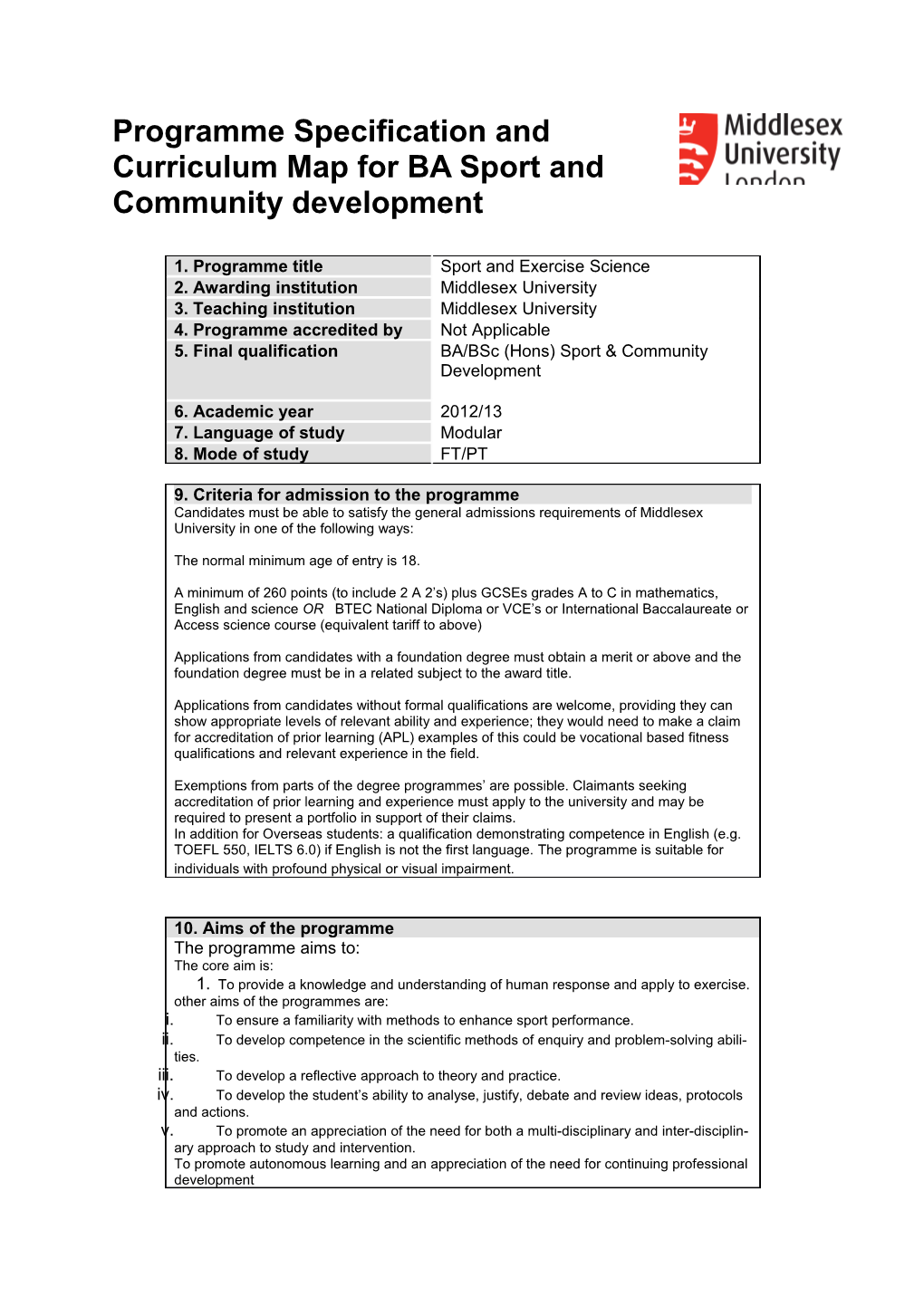 Programme Specification and Curriculum Map for BA Sport and Community Development