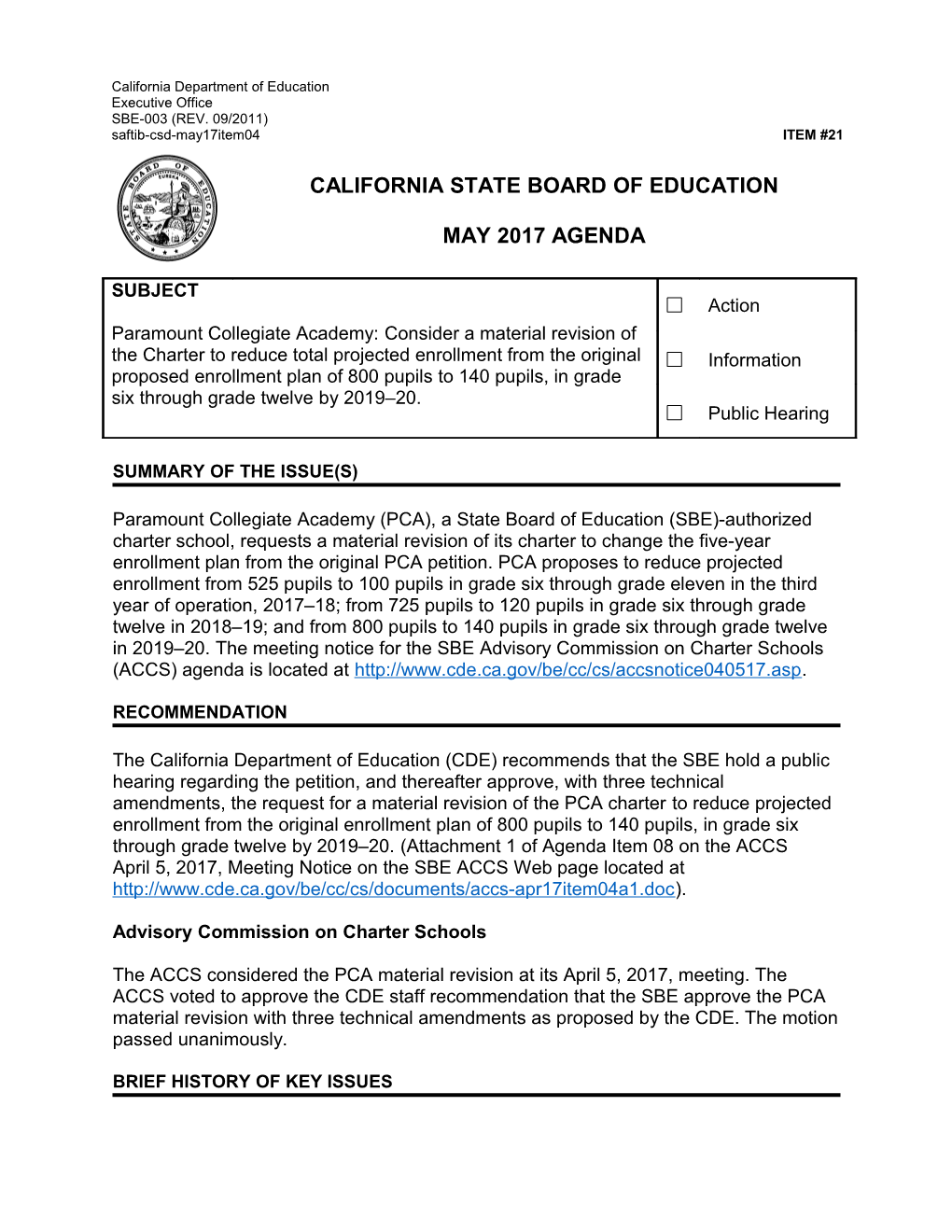 May 2017 Agenda Item 21 - Meeting Agendas (CA State Board of Education)