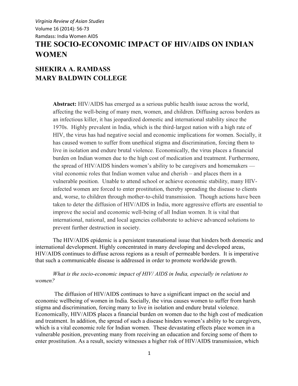 The Socio-Economic Impact of Hiv/Aids on Indian Women