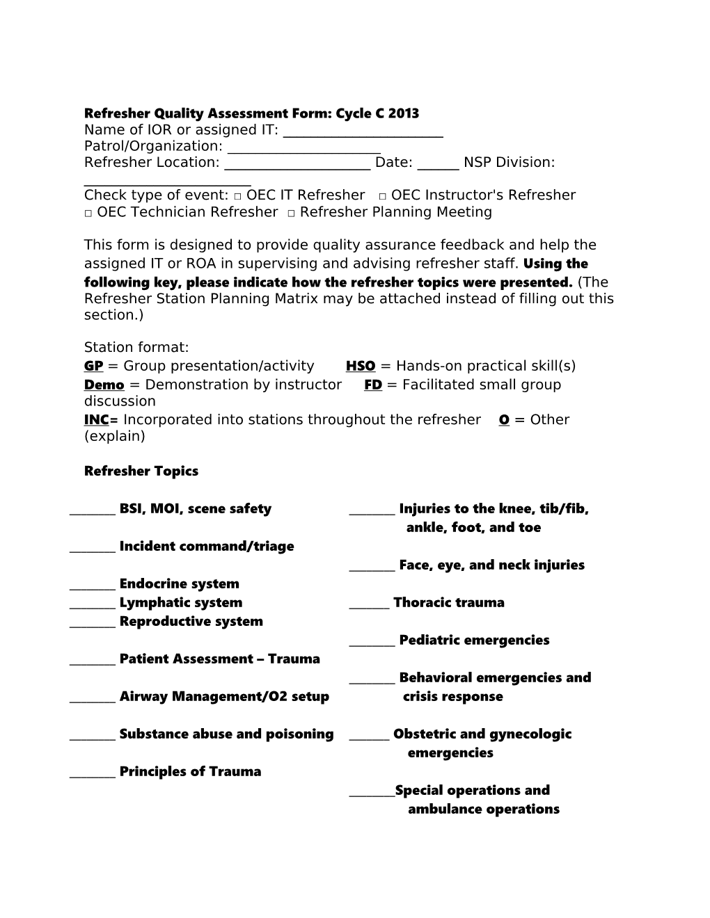 Refresher Quality Assessment Form: Cycle C 2013