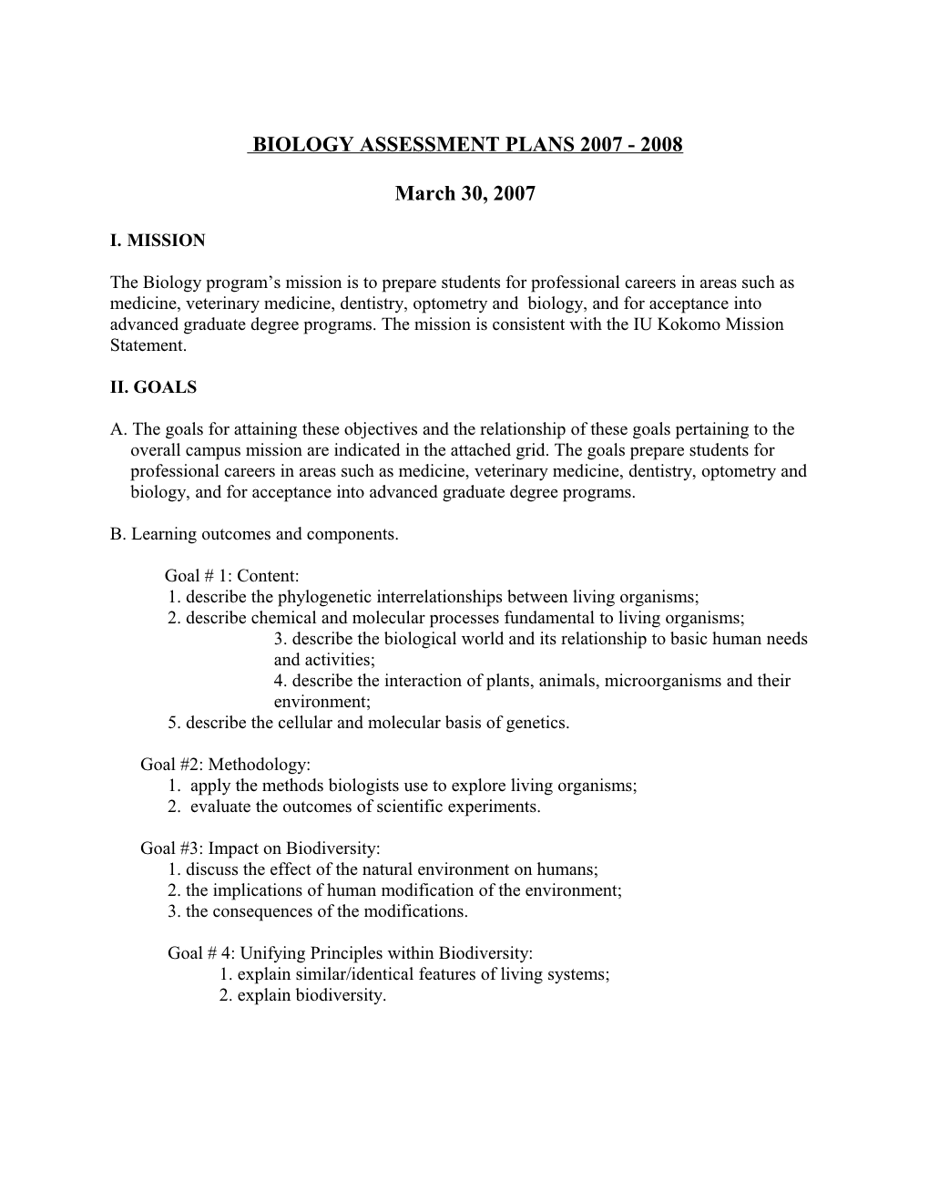 Biology Assessment Plans 2007 - 2008