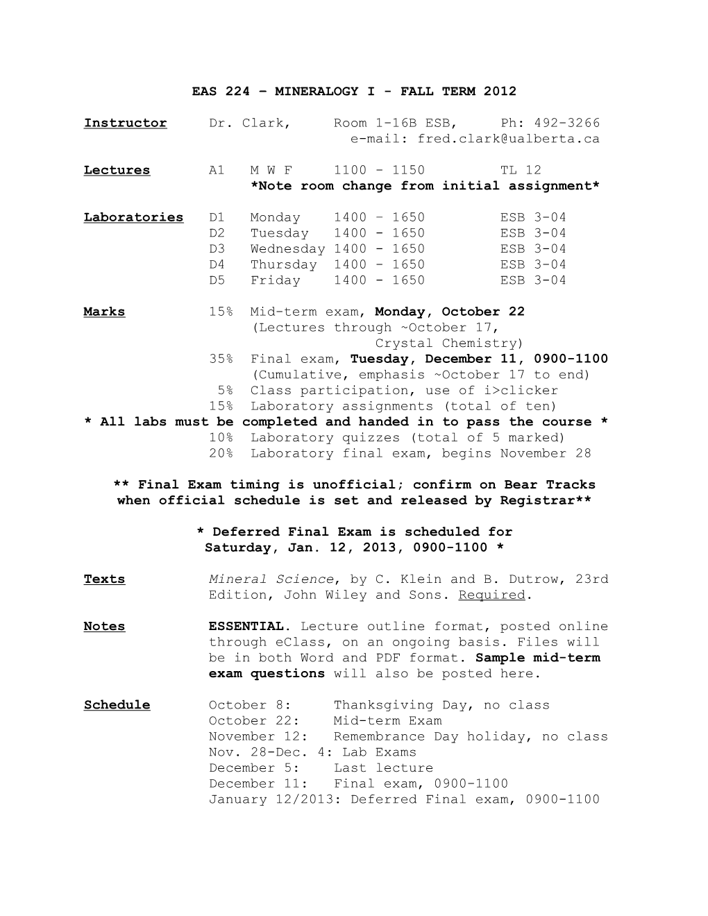 Eas 224 Mineralogy I - Fall Term 2012