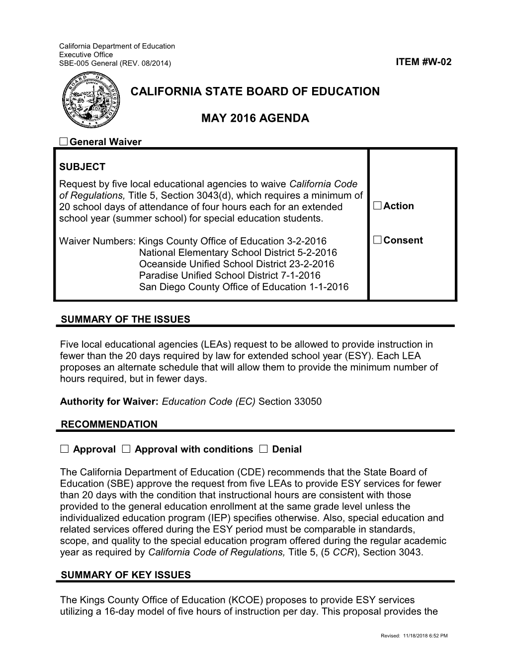May 2016 Waiver Item W-02 - Meeting Agendas (CA State Board of Education)