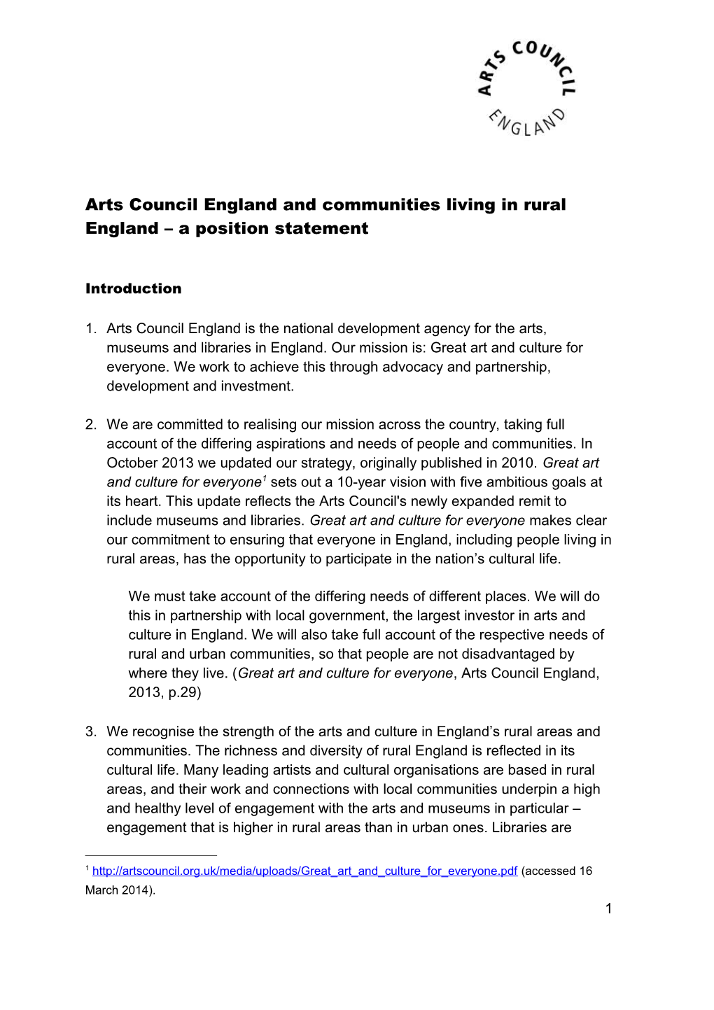 Arts Council England and Communities Living in Rural England a Position Statement